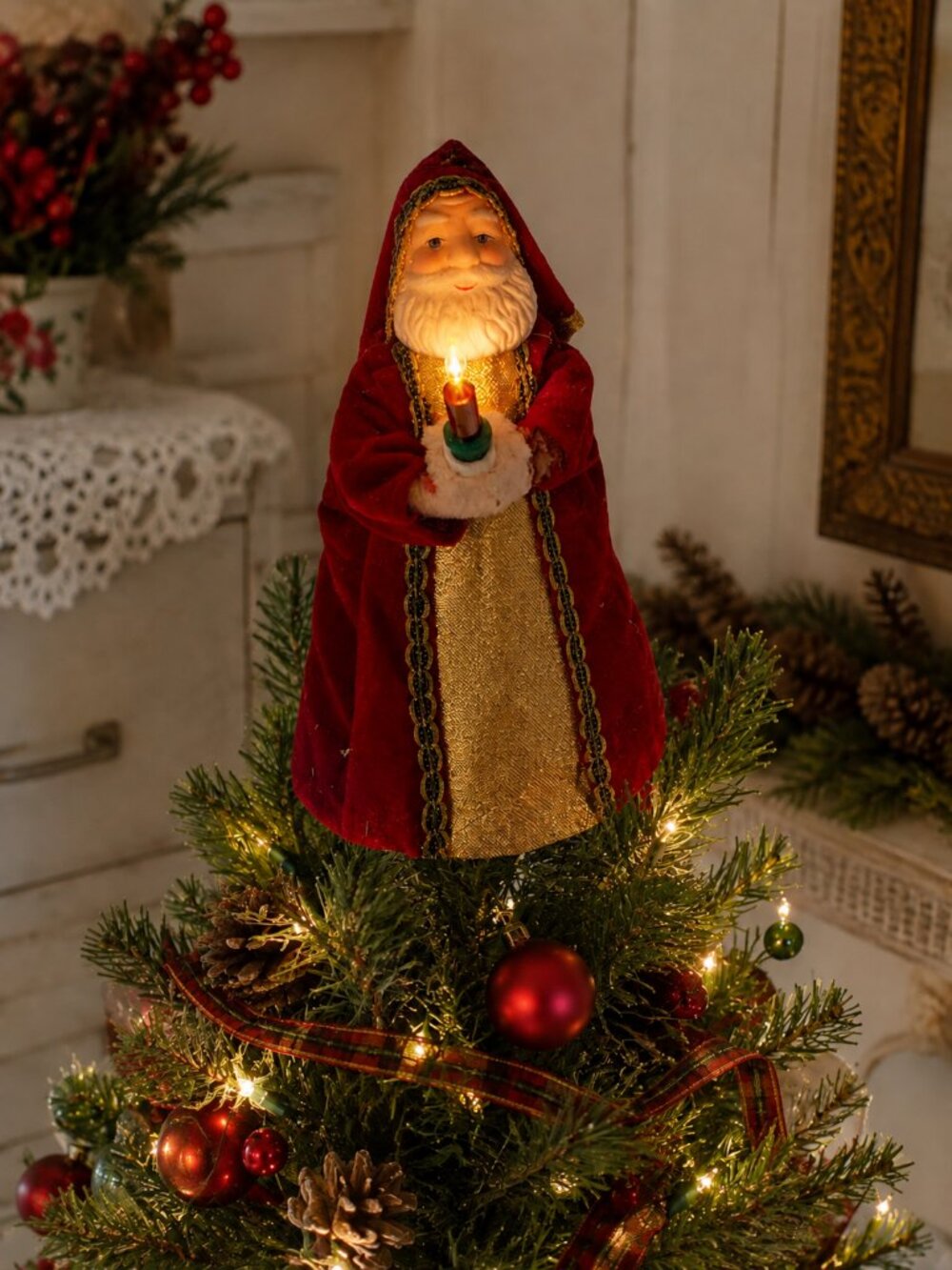 Vintage Illuminated Santa Christmas Tree Topper 5.5” NOS Original Package